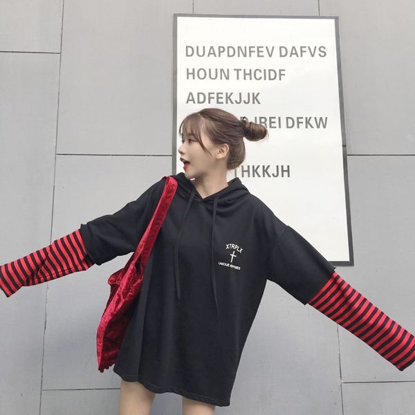 

autumn женщины корейские персонализированные поддельные два куска шить пальто свитера с капюшоном coatloose тонкого свитером средней длиной, Black