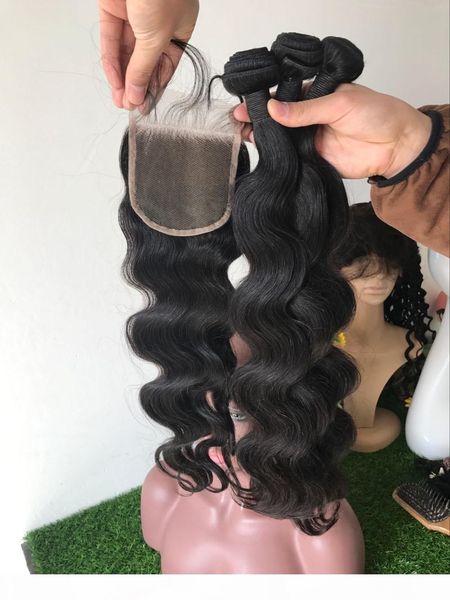 

grade 8a 100% unprocessed brazilian virgin body wave human hair bundles 4pcs with closure body wave 5pcs lot, Black