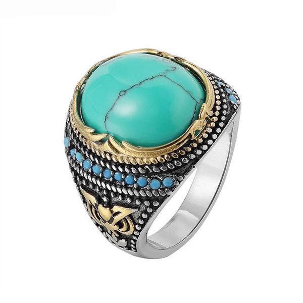 

classic men green stone ring vintage punk style lady engagement ring fashion stainless steel jewelry for women party gift, Golden;silver