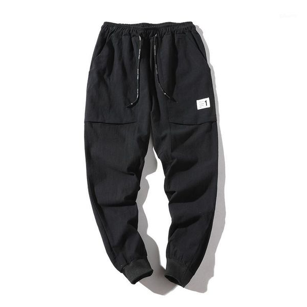 

summer casual cotton and linen pencil pants men elastic waist slim fit sweatpants men ankle-length mens joggers1, Black