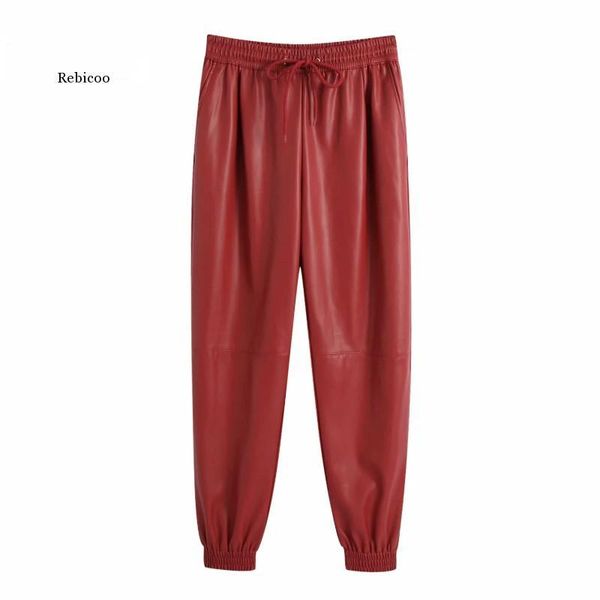 

women's pants & capris women fashion solid color casual pu leather harem chic elastic waist trousers femme pantalones mujer, Black;white