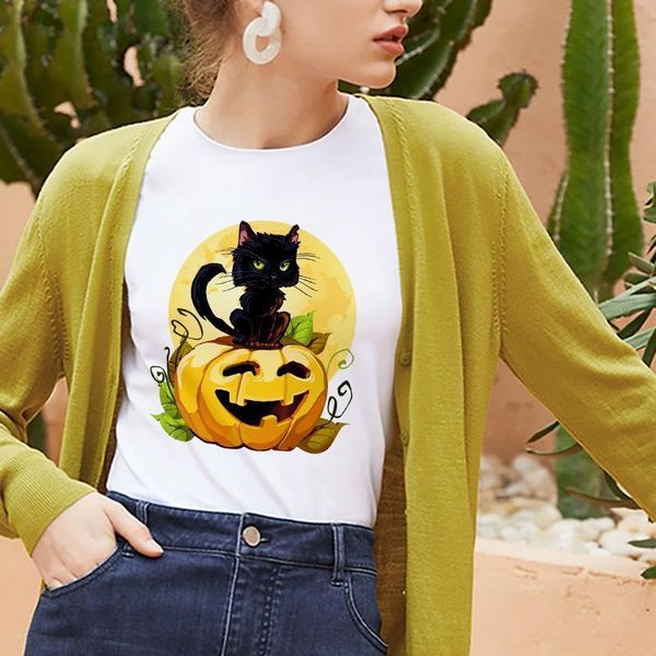 

2019 new halloween cat and pumpkin t shirt women fashion harajuku short sleeve t-shirt white comfortable tshirt clothing