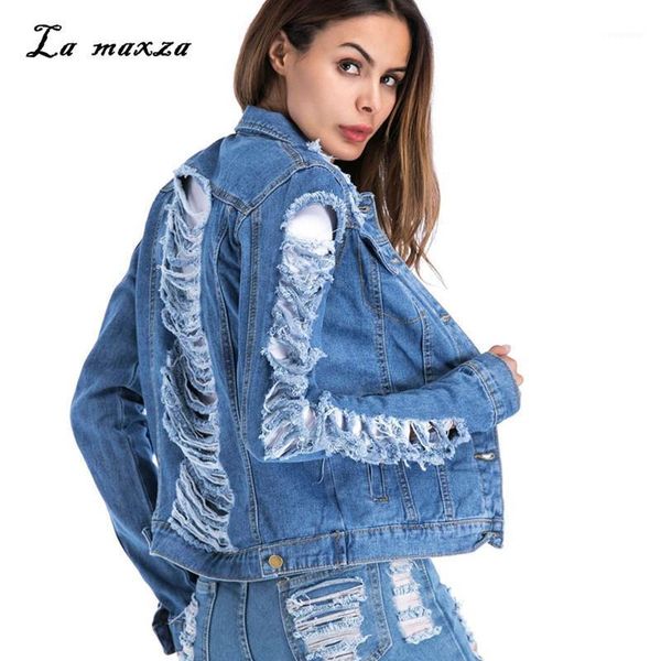 Giacche da donna 2021 Giacca di jeans autunno donna Sexy Moto Crop Parka Distressed Streetwear 5XL1