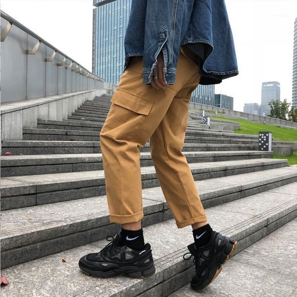

nice autumn men korean version of the trend ins super fire loose art pockets solid color student casual overalls1, Black