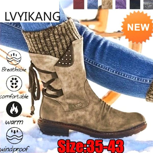 

winter boots women basic women mid-calf boots round toe zip platform decor female shoes warm lace up shoes, Black