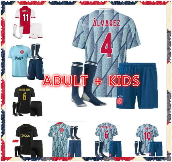 

kids kit 20 21 ajax soccer jerseys home away promes alvarez ajax amsterdam 2020 2021 football shirt van de beek tadic ziyech uniforms, Black;yellow