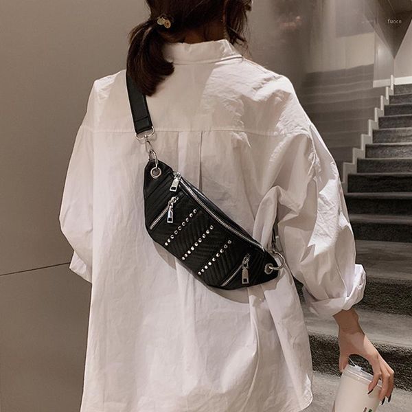 

female pu leather fanny pack ladies black red white phone mobile small punk belt bags women rivets waist bag 5901