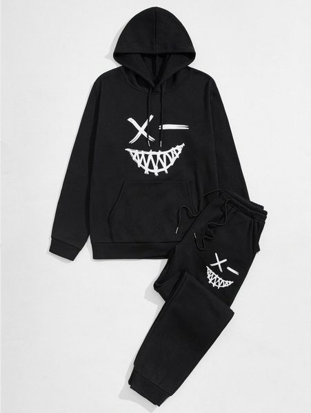 

men cartoon graphic drawstring hoodie & sweatpants j9di#, Gray