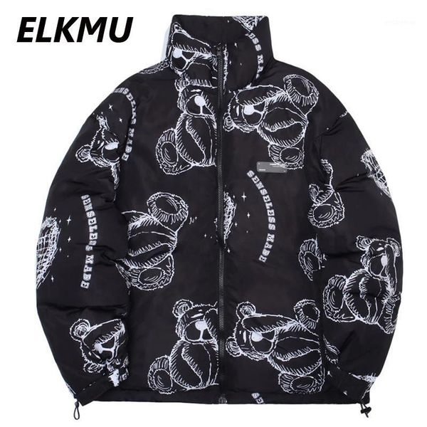 

elkmu 2020 winter thick warm down jackets graffiti bear print parka coats streetwear hip hop fashion casual outwear male he4721, Black