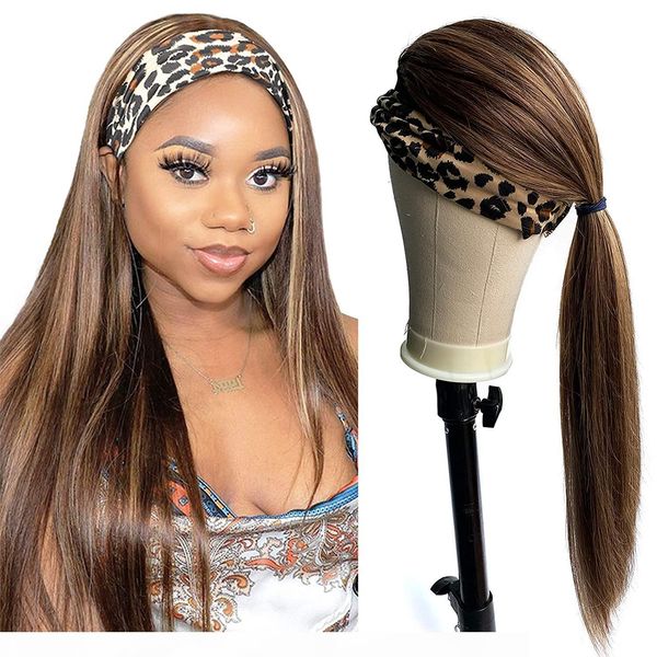 

ombre blonde highlight human hair headband wigs brazilian virgin hair glueless brown mixed honey blonde streaks none lace front staight hair, Black;brown