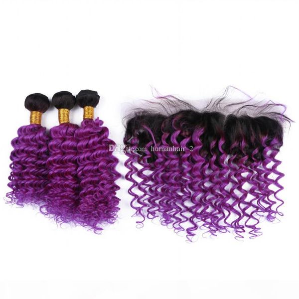

deep wave 1b purple hair bundles with 13*4 ear to ear lace frontal closure peruvian virgin hair 3 bundles purple hair with frontal, Black;brown