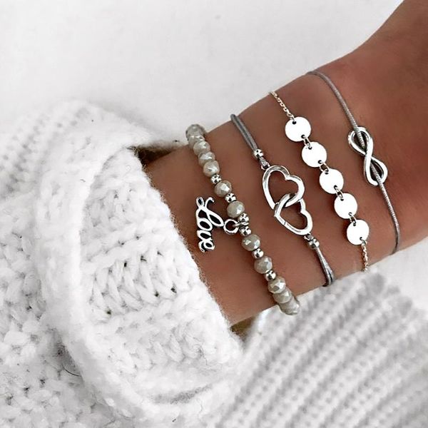

charm bracelets 4pcs/set luxury beads letter chain bracelet silver color love heart wafer for women accessories pulseras mujer moda 20, Golden;silver