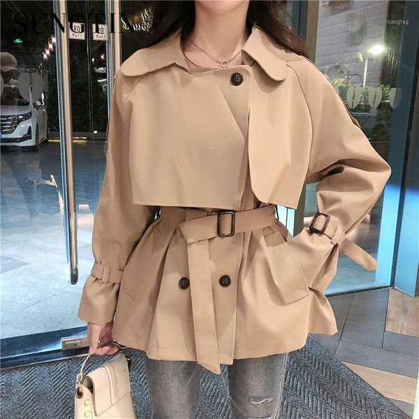 

sungtin new fashion pockets sashes women long trench coat khaki outwear female spring autumn chic slim double breasted trench1, Tan;black