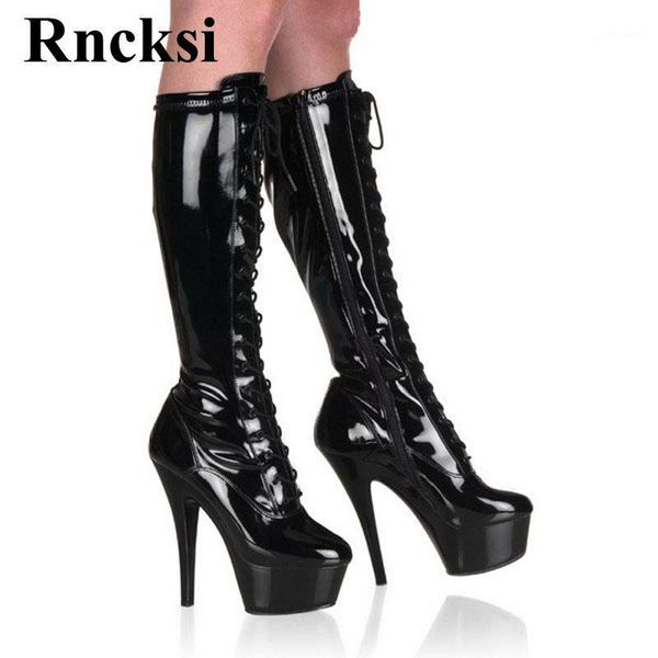 

boots rncksi lace up women pole dance fashion shoes night club party quee wedding dress 15cm heels high knee boots1, Black