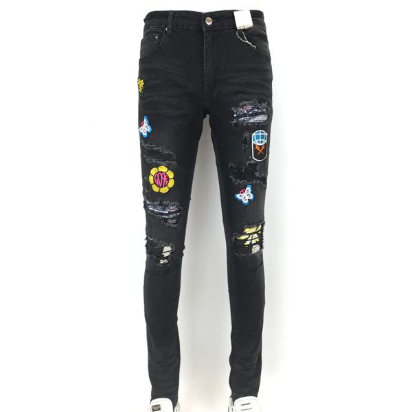 

new fashion mens jean street black holes white stripes jeans hiphop skateboard pencil pants am32, Blue