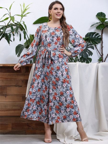 

plus allover floral print pleated belted jumpsuit 91dn#, Black