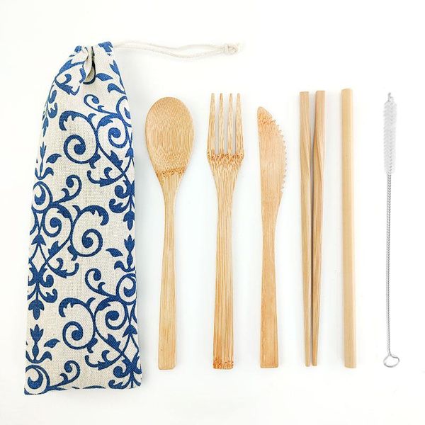 

7pcs/set portable bamboo tableware set knife fork spoon straw chopsticks
