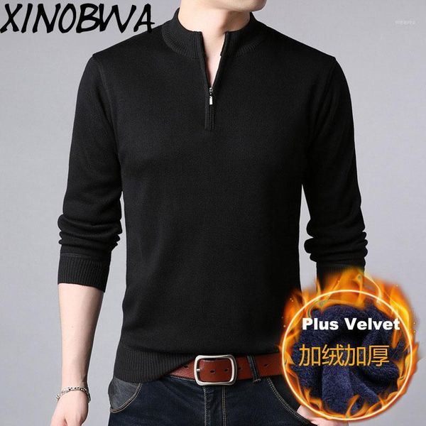 

england style new men's winter fashion casual loose v neck zip knitted plus velvet sweater male plus size fleece pullover1, White;black