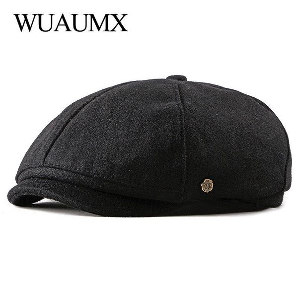

wuaumx brand newsboy caps men woolen octagonal hat eight-blade cap black british painters autumn winter herringbone flat caps, Blue;gray