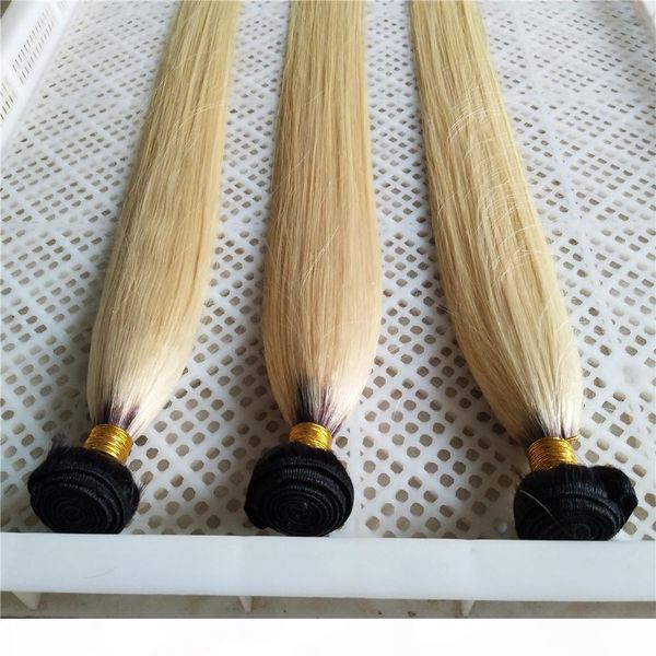 

ombre platinum blonde 1b 613 color silk straight human hair bundles 12inch-28inch dark roots brazilian remy human hair weft, Black