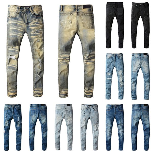 

italy mens jeans rips stretch black jeans fashion low hole fit washed motocycle denim pants panelled hip hop trousers 8 style, Blue