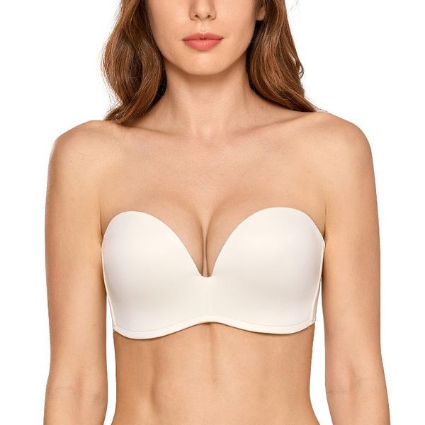 

plus size plunge strapless bra women slightly lined underwire seamless bras lift support invisible bralette underwear kg-500, Red;black