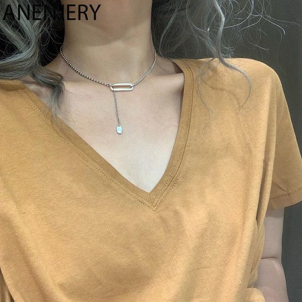 

chains anenjery vintage paper clip necklace female temperament geometric long tassel thai silver color clavicle chain s-n627