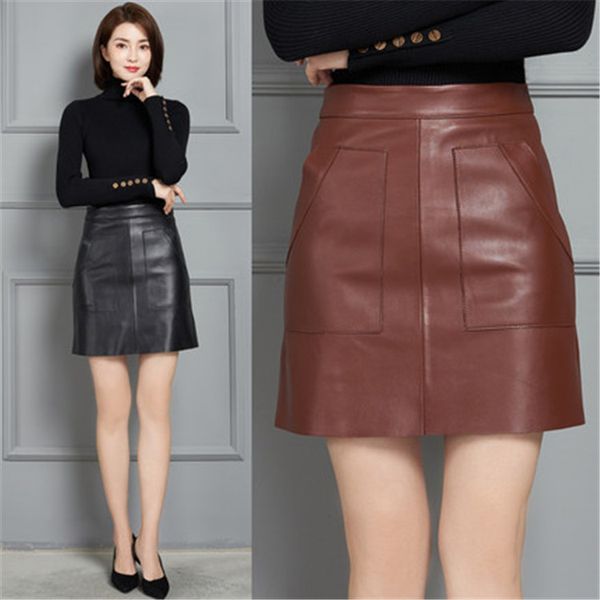 

2021 new fashion genuine real sheep leather skirt k7, Black