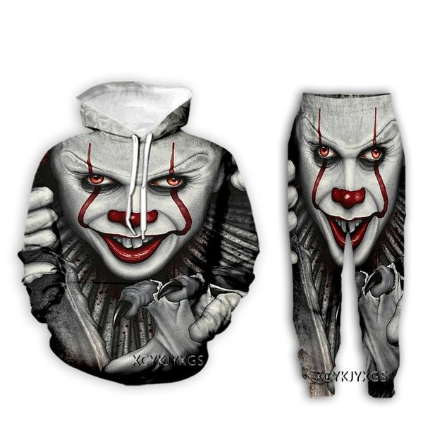 

new men/womens stephen king's it - pennywise funny 3d print fashion tracksuits hip hop sweatshirt and pants 2 pcs set hoodies z19, Gray