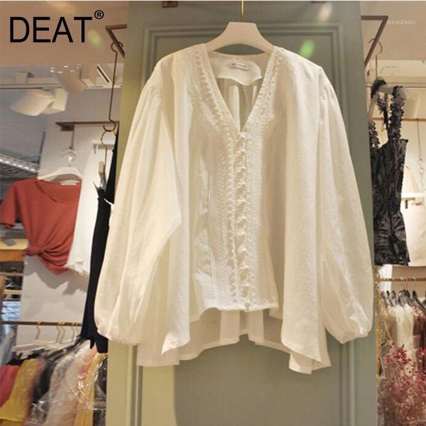 

deat 2020 new spring and summer korean styles girl's clothing v-neck lantern sleeves single breasted linen loose shirt wl54700l1, White