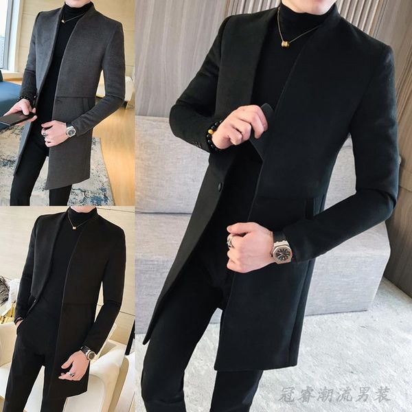 

men's wool & blends medium and long style korean fashion stand collar woolen coat thickened autumn winter british, Black