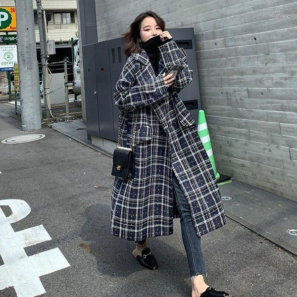 

new autumn winter women long wool blends jackets women loose tweed plaid jackets trench coats outerwear oversize1, Black