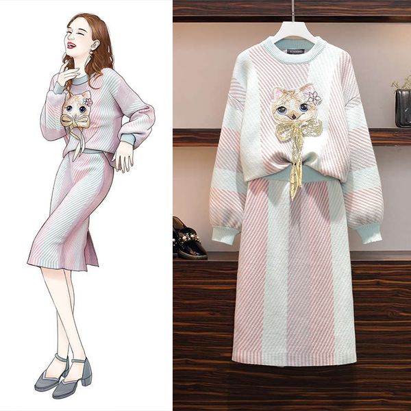 

large size women's clothing autumn 2020 new style slim reduced age sweater dress fat sister fashion two piece suit, Black