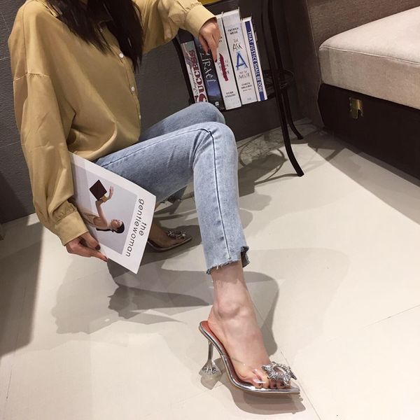 

2021 new european and american-style sunflower pointed toe tou ng gen high stiletto slippers 3cte, Black