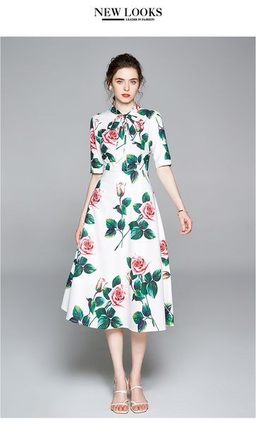 

l xl xxl new summer 2020 women long dress half sleeve white and green flower print mid calf bow a line office lady, Black;gray