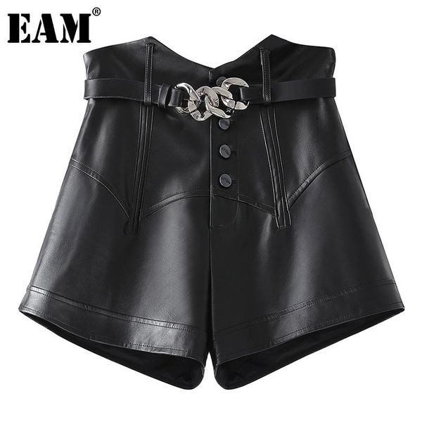 

eam] women pu leather irregular pleated wide leg shorts new high waist loose fit trousers fashion spring autumn 2020 1dc121, White;black