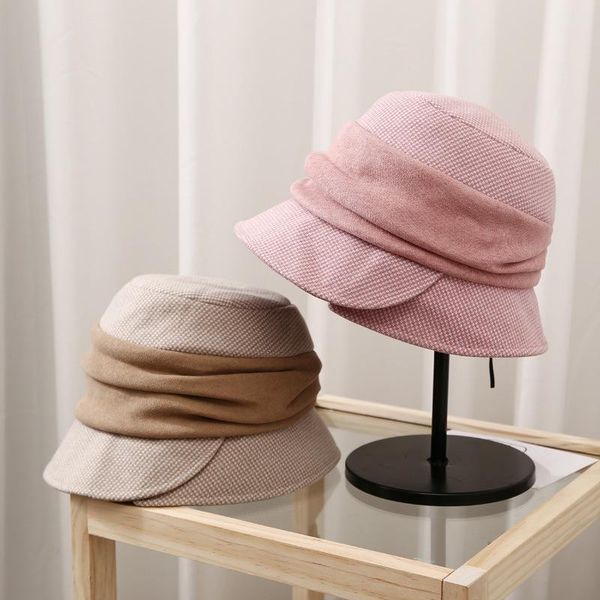 

stingy brim hats classicÂ elegance femaleÂ plaid multi color patchwork floding retro casual fashion warm soft wear adjust bowler bucket hat, Blue;gray