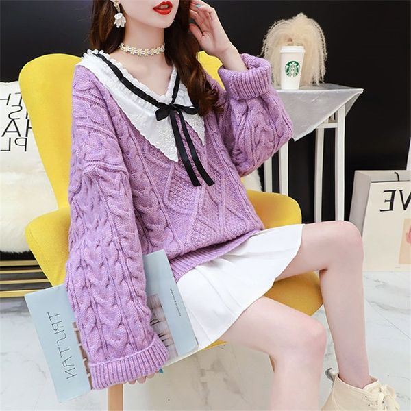 

2021 new back hemp solid-colored pullover flowers for women autumn/winter ribbon with loose-v-low neckline attached to sweet sweater e4sf, White;black