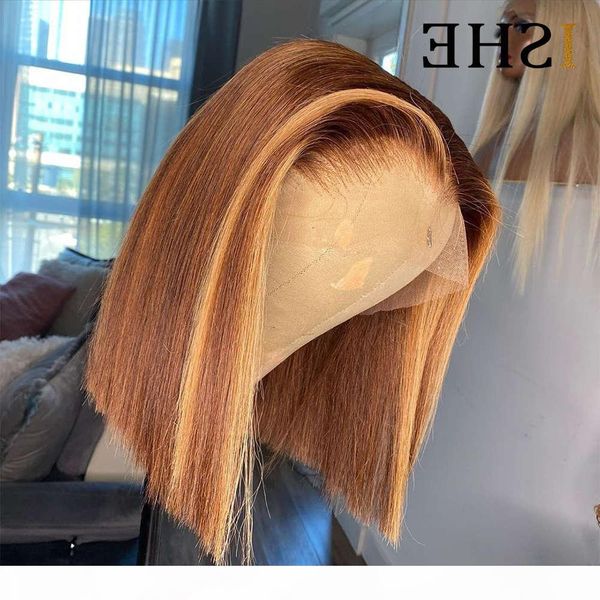 

ombre wig highlight colored short bob 13x4 lace front human wigs straight remy hair 150, Black;brown