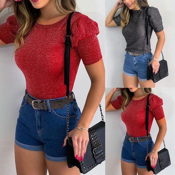 

women's summer round neck slim knit puff sleeve bright silk t-shirt, White