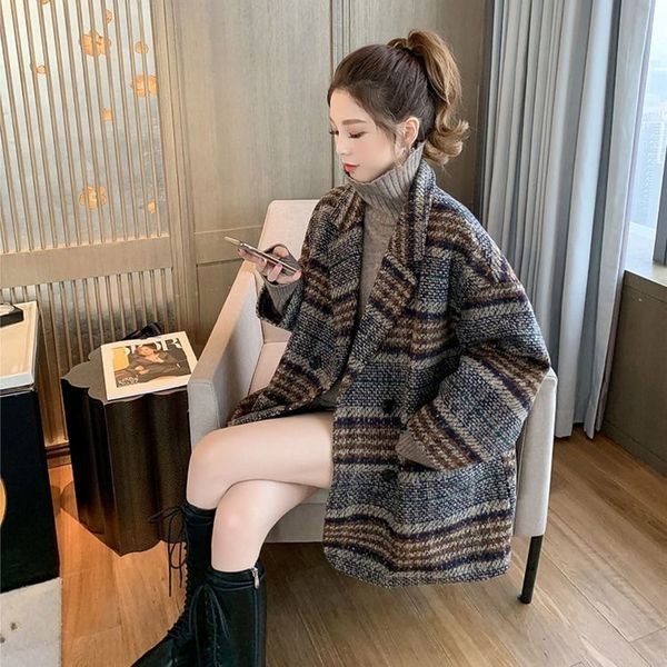 

2021 new winter chess tweed woman pockets blend with double-v cleavage breasted outerwear ladies jacket ssms, Black