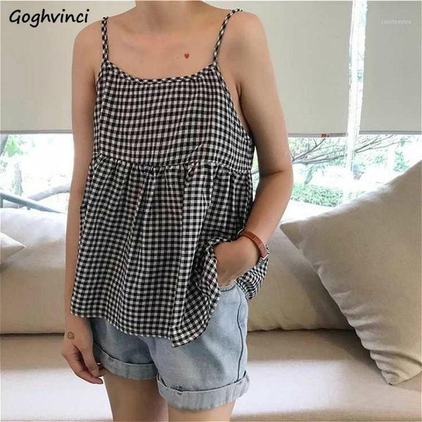 

camis women summer spaghetti strap plaid loose kawaii vintage fashion all-match sweet fresh womens camisoles new chic ulzzang1, White
