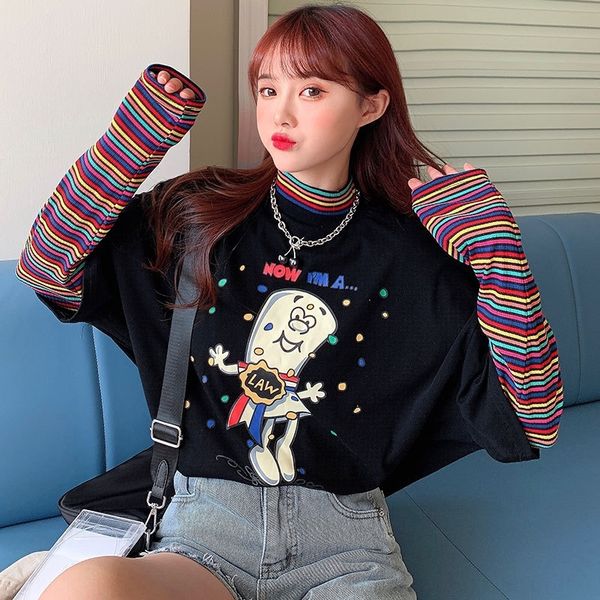 

qjmmb 2020 autumn new style splicing medium stripes cotton fashion women's bottoming shirt length can be used with all kinds of chins u, White