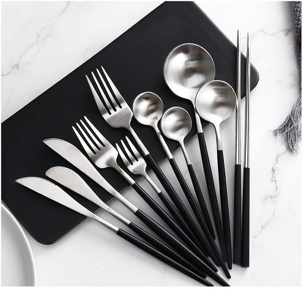 

black silver cutlery set noble kitchen tableware restaurant upscale western tableware steak knife fork coffee spoon jllthe