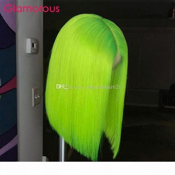 

pre-colored short human hair bob wigs lace front brazilian remy hair straight neon green color summer popular human hair wig, Black;brown
