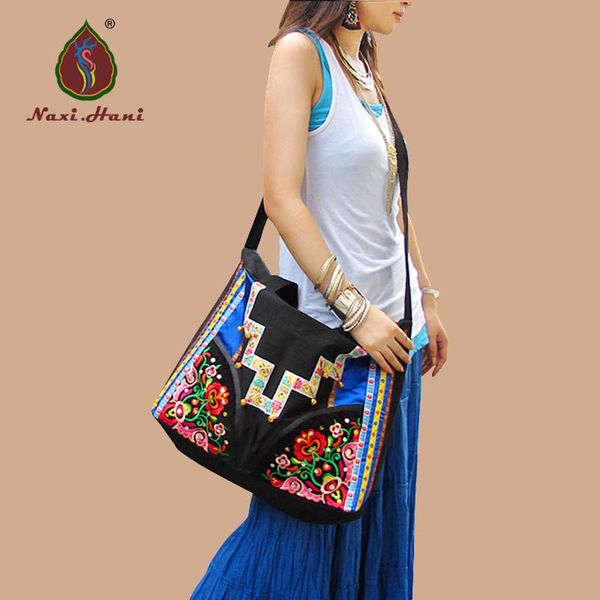 

exotic handmade embroidered bags naxi.hani brand black denim women travel shoulder messenger bags