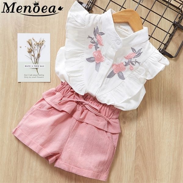 

menoea girls suits 2020 summer style kids beautiful floral flower sleeve children o-neck clothing shorts suit 2pcs clothes y200623, White