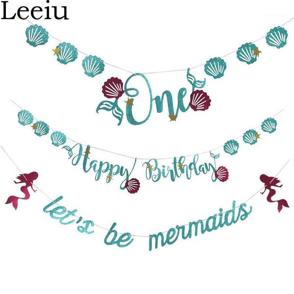 

leeiu glitter party decoration 1st one year happy birthday banner blue letter shell garland seaside decor1 flags