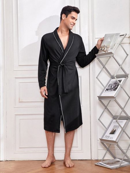 

men contrast piping belted sleep robe o82q#, Black;brown
