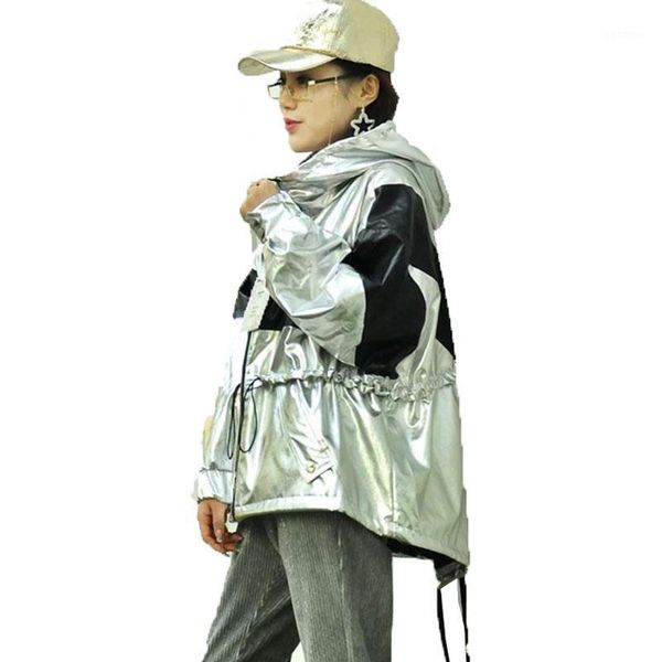 

hip hop silver windbreaker jackets women patchwork drawstring waist hooded sweatshirt streetwear spring long outwear jacket 1821, Black;brown